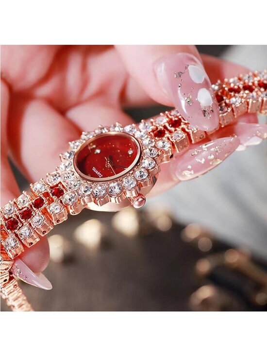 Women\'s Red Analog Quartz Elegant Steel Belt Diamonds Bracelet Set Wrist Watch main image 5